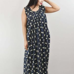 Blue Cotton Maxi Nighty Sleeveless