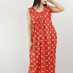 Red Cotton Maxi Nighty Sleeveless