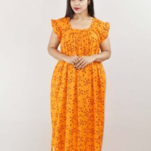 Orange Cotton Maxi Nighty Square Neck Short Sleeves with pleats