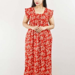 Red Cotton Maxi Nighty Square Neck Short Sleeves with pleats