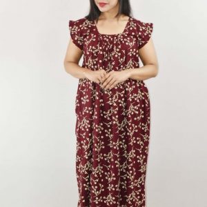 Maroon Cotton Maxi Nighty Square Neck Short Sleeves with pleats