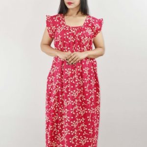 Pink Cotton Maxi Nighty Square Neck Short Sleeves with pleats
