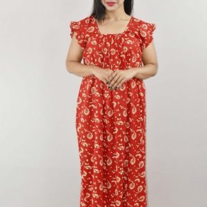 Red Cotton Maxi Nighty Square Neck Short Sleeves with pleats