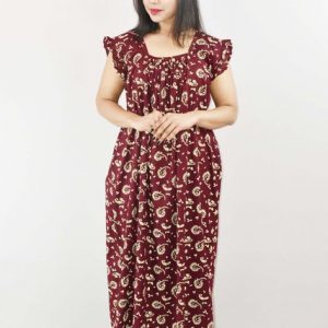 Maroon Cotton Maxi Nighty Square Neck Short Sleeves with pleats