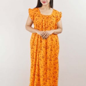 Orange Cotton Maxi Nighty Square Neck Short Sleeves with pleats