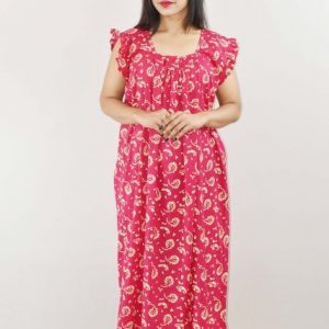 Pink Cotton Maxi Nighty Square Neck Short Sleeves with pleats