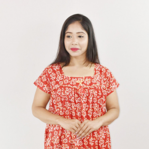 Red Cotton Maxi Nighty Square Neck Short Sleeve With Pipien
