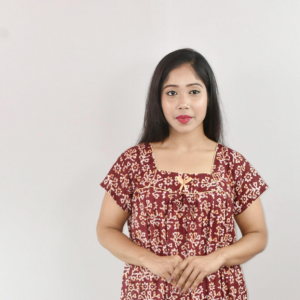 Maroon Cotton Maxi Nighty Square Neck Short Sleeve With Pipien