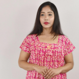 Pink Cotton Maxi Nighty Square Neck Short Sleeve With Pipien
