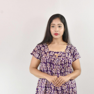 Blue Cotton Maxi Nighty Square Neck Short Sleeve With Pipien