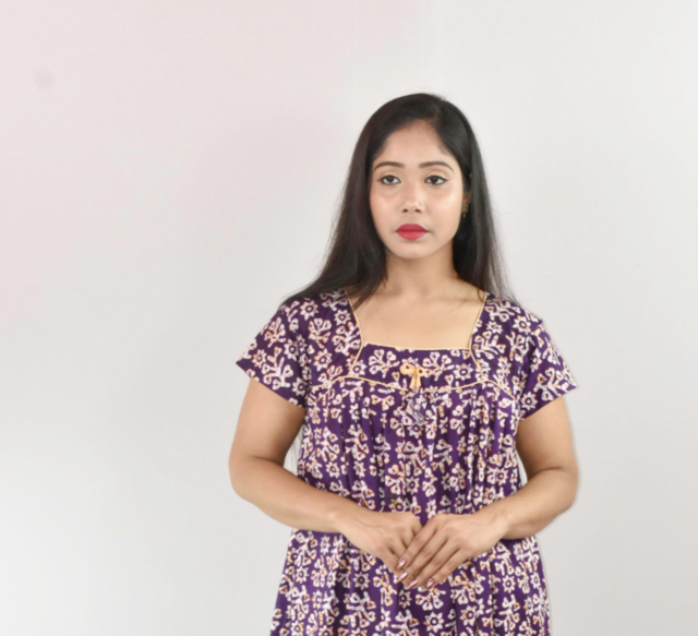 Blue Cotton Maxi Nighty Square Neck Short Sleeve With Pipien