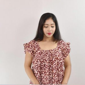 Maroon Cotton Maxi Nighty Square Neck Short Sleeves with pleats