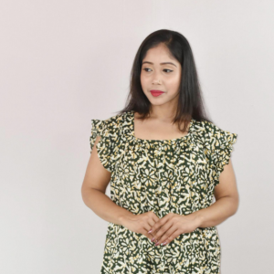 Green Cotton Maxi Nighty Square Neck Short Sleeves with pleats