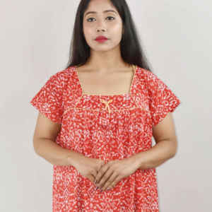 Red Cotton Maxi Nighty Square Neck Short Sleeve With Pipien