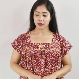 Maroon Cotton Maxi Nighty Square Neck Short Sleeve With Pipien