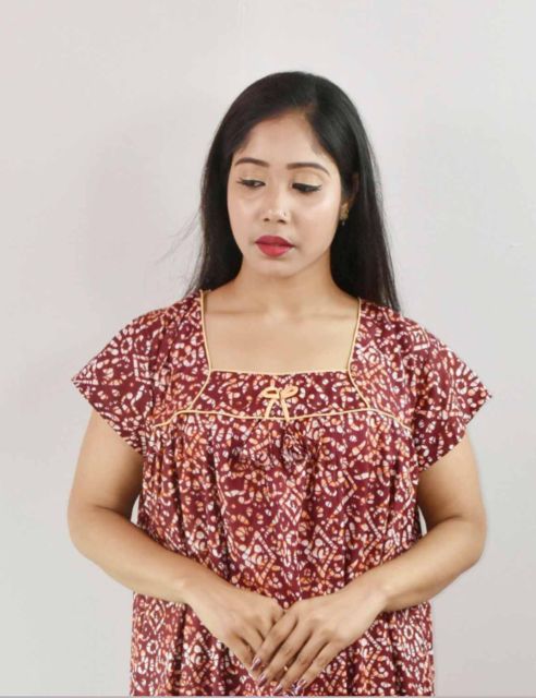 Maroon Cotton Maxi Nighty Square Neck Short Sleeve With Pipien