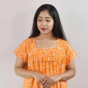Yellow Cotton Maxi Nighty Square Neck Short Sleeve With Pipien