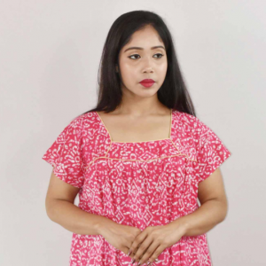Pink Cotton Maxi Nighty Square Neck Short Sleeve With Pipien