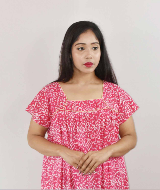 Pink Cotton Maxi Nighty Square Neck Short Sleeve With Pipien