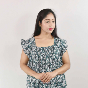 Blue Cotton Maxi Nighty Square Neck Short Sleeves with pleats