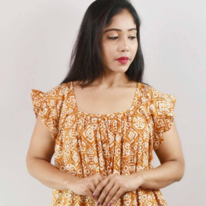 Yellow Cotton Maxi Nighty Square Neck Short Sleeves with pleats