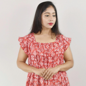 Red Cotton Maxi Nighty Square Neck Short Sleeves with pleats