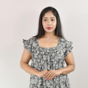 Green Cotton Maxi Nighty Square Neck Short Sleeves with pleats
