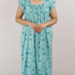 Blue Cotton Maxi Nighty Square Neck Short Sleeves with pleats