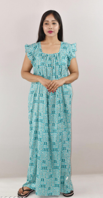 Blue Cotton Maxi Nighty Square Neck Short Sleeves with pleats