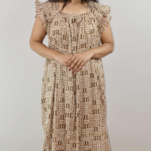 Brown Cotton Maxi Nighty Square Neck Short Sleeves with pleats