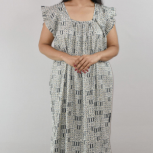 Steel Cotton Maxi Nighty Square Neck Short Sleeves with pleats