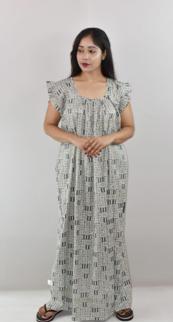 Steel Cotton Maxi Nighty Square Neck Short Sleeves with pleats