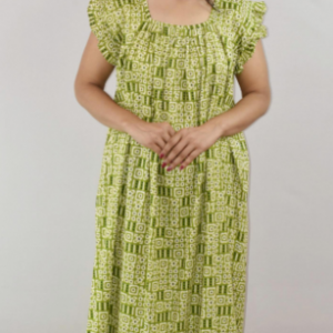 Green Cotton Maxi Nighty Square Neck Short Sleeves with pleats
