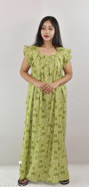 Green Cotton Maxi Nighty Square Neck Short Sleeves with pleats