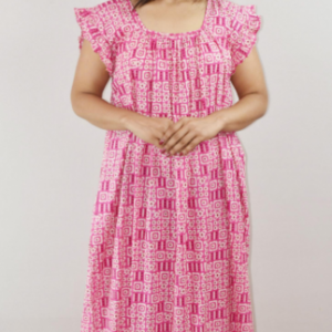Pink Cotton Maxi Nighty Square Neck Short Sleeves with pleats