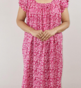 Pink Cotton Maxi Nighty Square Neck Short Sleeves with pleats