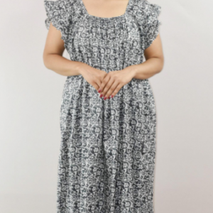 Steel Cotton Maxi Nighty Square Neck Short Sleeves with pleats