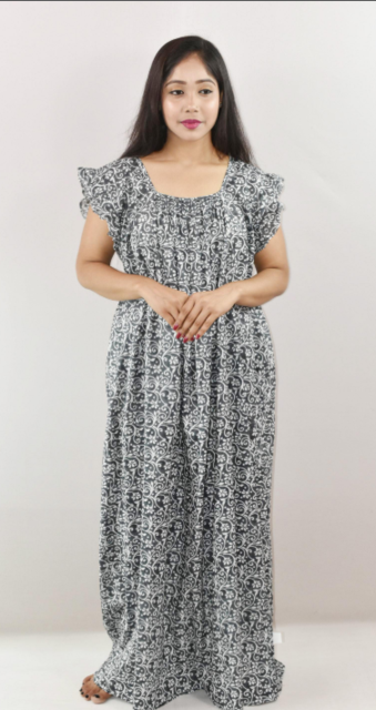 Steel Cotton Maxi Nighty Square Neck Short Sleeves with pleats