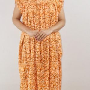 Yellow Cotton Maxi Nighty Square Neck Short Sleeves with pleats