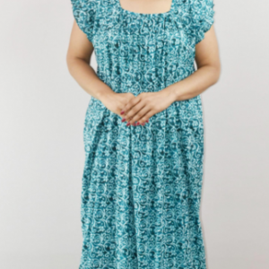 Blue Cotton Maxi Nighty Square Neck Short Sleeves with pleats