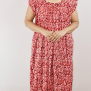 Red Cotton Maxi Nighty Square Neck Short Sleeves with pleats