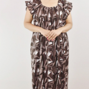 Black Cotton Maxi Nighty Square Neck Short Sleeves with pleats