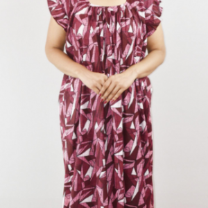 Pink Cotton Maxi Nighty Square Neck Short Sleeves with pleats