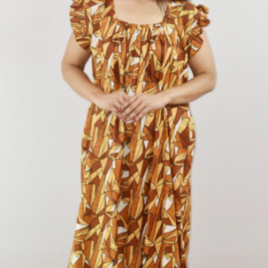Yellow Cotton Maxi Nighty Square Neck Short Sleeves with pleats