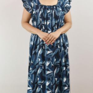 Blue Cotton Maxi Nighty Square Neck Short Sleeves with pleats