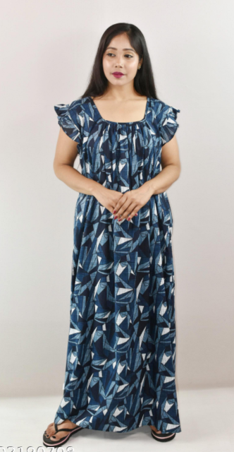 Blue Cotton Maxi Nighty Square Neck Short Sleeves with pleats