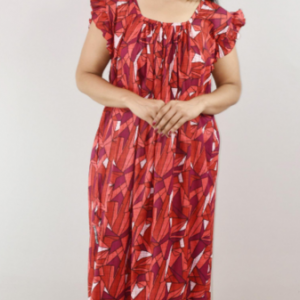 Red Cotton Maxi Nighty Square Neck Short Sleeves with pleats