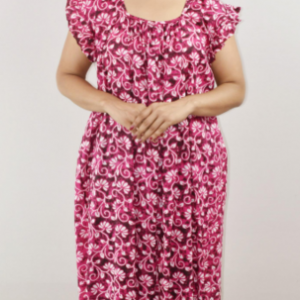 Pink Cotton Maxi Nighty Square Neck Short Sleeves with pleats