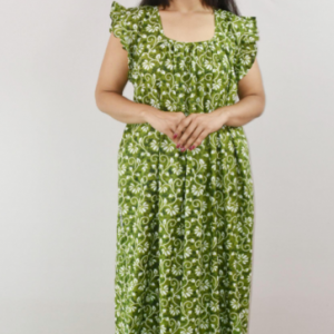 Green Cotton Maxi Nighty Square Neck Short Sleeves with pleats