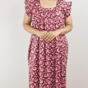 Maroon Cotton Maxi Nighty Square Neck Short Sleeves with pleats